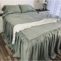 Chambray Olive Green Linen Bedspread, Ruffle Bed Cover, All Sizes Or Custom Size - thumbnail 4