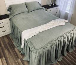 Chambray Olive Green Linen Bedspread, Ruffle Bed Cover, All Sizes Or Custom Size