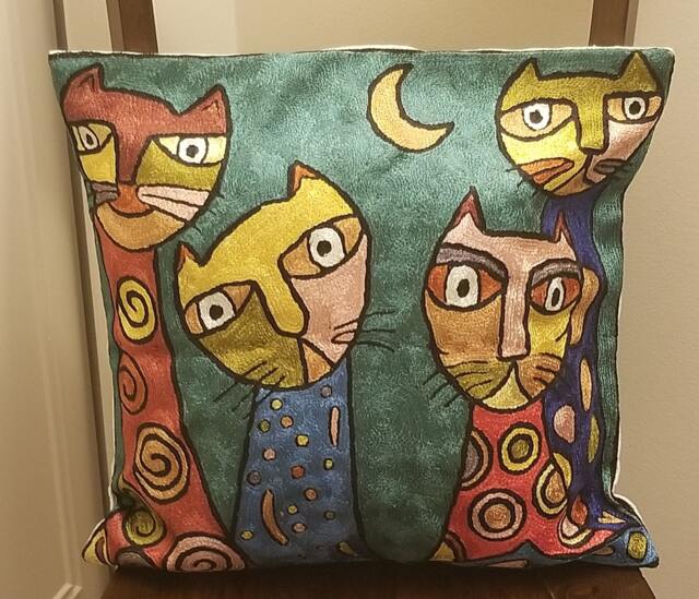 "Handmade Silk Embroidery Cat Cushion Cover Decorative Throw Pillow - 16""x16" - image 1