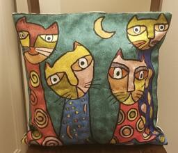 "Handmade Silk Embroidery Cat Cushion Cover Decorative Throw Pillow - 16""x16"