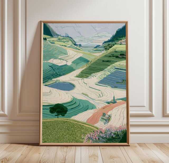 Terraced Rice Field Poster, Valley Landscape Print, Nature Wall Art - image 1