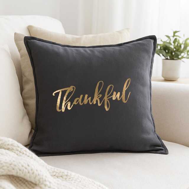 Thankful Cushion Cover Cotton Pillow With Metallic Vinyl Quote Decor - image 1