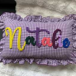 Personalized Colorful Gingham Pillow, Custom Name Cushion, Punch Needle Baby Gift, Handmade Nursery Decor, Cute Kids Room Pillow 12x20 - thumbnail 2