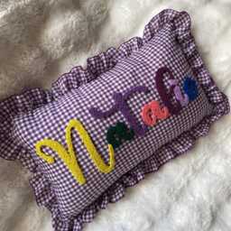 Personalized Colorful Gingham Pillow, Custom Name Cushion, Punch Needle Baby Gift, Handmade Nursery Decor, Cute Kids Room Pillow 12x20 - thumbnail 3