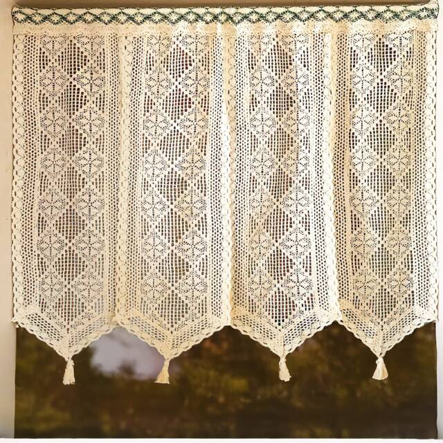Beige Crochet Curtains Valance , Flower Patter Kitchen Curtain Panels, Boho Closet Room Divider - image 1