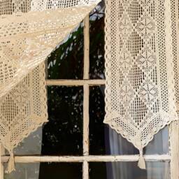 Beige Crochet Curtains Valance , Flower Patter Kitchen Curtain Panels, Boho Closet Room Divider - thumbnail 3