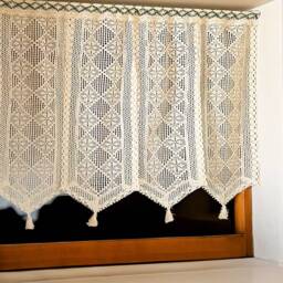Beige Crochet Curtains Valance , Flower Patter Kitchen Curtain Panels, Boho Closet Room Divider - thumbnail 2