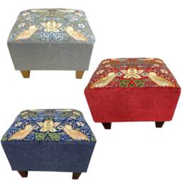 Classic Tall Full Footstool in Genuine William Morris Strawberry Thief 40cm High Sturdy Wood Frame Choice Of Foot Colour Extra Seat UK Made