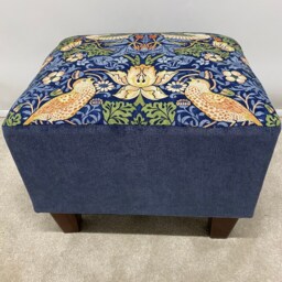 Classic Tall Full Footstool in Genuine William Morris Strawberry Thief 40cm High Sturdy Wood Frame Choice Of Foot Colour Extra Seat UK Made - thumbnail 2