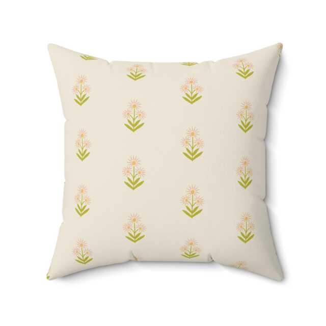 Square Throw Pillow, Boho Floral Block Print, Green Pink Cream, Nursery Decor, Flowers Decorative Bohemian Room Neutrals - image 1