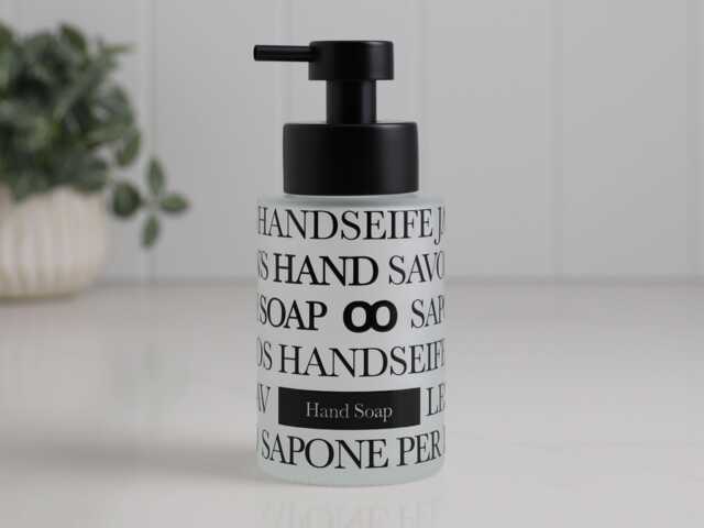 250Ml Frosted Glass Soap Dispenser With Black Pump, Minimal Typography Wrap, Refillable Bathroom Bottle - image 1
