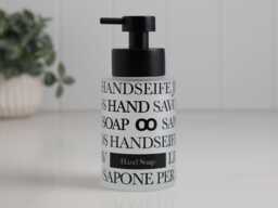250Ml Frosted Glass Soap Dispenser With Black Pump, Minimal Typography Wrap, Refillable Bathroom Bottle - thumbnail 1