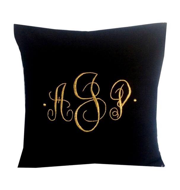 Gold Monogram Embroidered Throw Pillows, & Black Metallic Anniversary Gift For Her - image 1