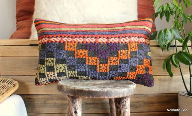 Vintage Kilim Lumbar Cushion Cover - Handwoven Brocade Pillow - 12x20In - image 1