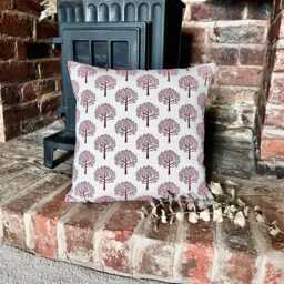 1579. Mulberry Trees Red On Linen Block Print Linen Look - Cotton Blend Cushion Cover