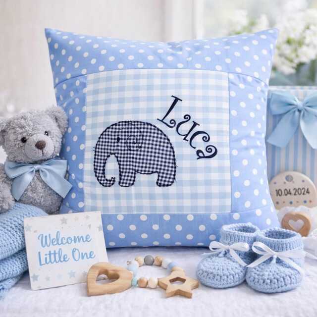 Embroidered Pillow Elephant + Name //Light Blue// 40x40 Pillowcase Gift Cuddly Pillow Snuggle Name - image 1