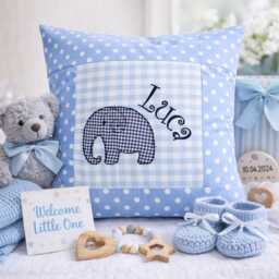 Embroidered Pillow Elephant + Name //Light Blue// 40x40 Pillowcase Gift Cuddly Pillow Snuggle Name - thumbnail 1