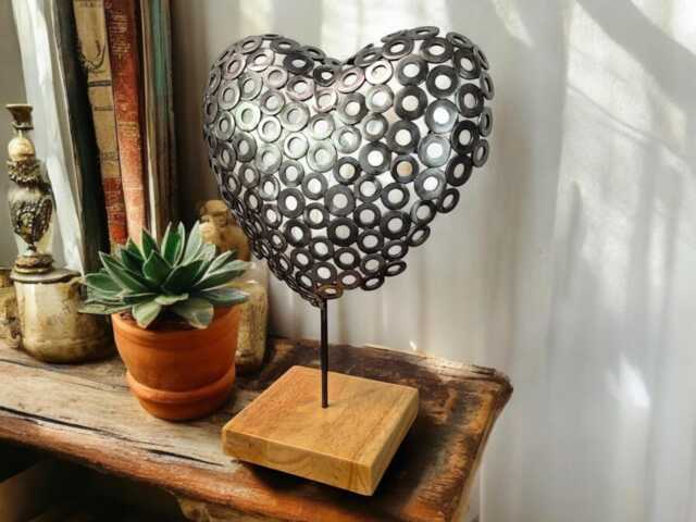 Brushed Steel Heart Sculpture Handcrafted Metal Art On Irish Oak - image 1