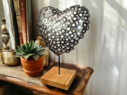Brushed Steel Heart Sculpture Handcrafted Metal Art On Irish Oak - thumbnail 1