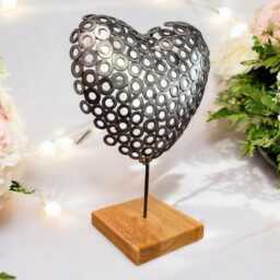 Brushed Steel Heart Sculpture Handcrafted Metal Art On Irish Oak - thumbnail 3