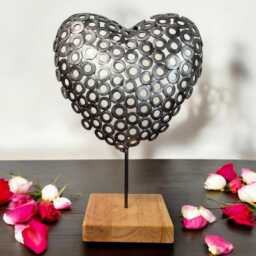 Brushed Steel Heart Sculpture Handcrafted Metal Art On Irish Oak - thumbnail 2