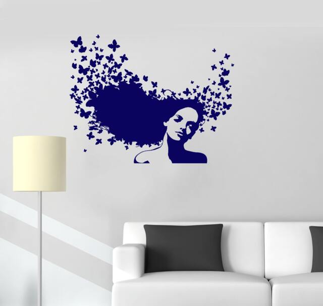 Wall Vinyl Decal Girl With Butterflies Hair Salon Spa Studio Girl's Room Modern Sketch Home Art Decor - #1243Da - image 1