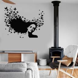 Wall Vinyl Decal Girl With Butterflies Hair Salon Spa Studio Girl's Room Modern Sketch Home Art Decor - #1243Da - thumbnail 2