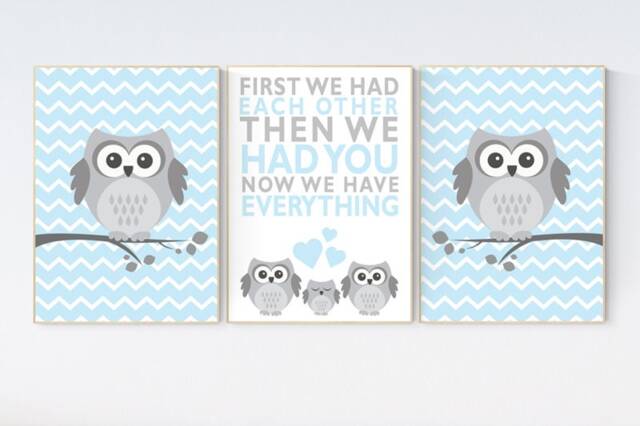 Owl Nursery Art Print Blue Gray Baby Room Decor - image 1
