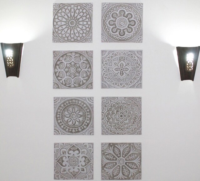 8 Wall Hangings Ceramic Tiles With Ethnic Designs For Lounge Decor, Outdoor Art, Kitchen Deco, Mix Design 30cm Beige - image 1