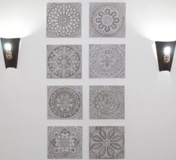 8 Wall Hangings Ceramic Tiles With Ethnic Designs For Lounge Decor, Outdoor Art, Kitchen Deco, Mix Design 30cm Beige - thumbnail 1