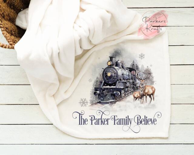 Personalised Blanket - Christmas Steam Train Gift For Her Him Custom Name Reindeers - image 1