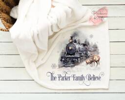 Personalised Blanket - Christmas Steam Train Gift For Her Him Custom Name Reindeers