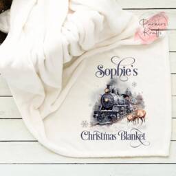 Personalised Blanket - Christmas Steam Train Gift For Her Him Custom Name Reindeers - thumbnail 2