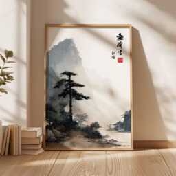 Japanese Ink Landscape Poster, Minimalist Asian House Wall Art, Zen Temple By Water Print, Misty Nature Scene, Tranquil Decor Artwork - thumbnail 3