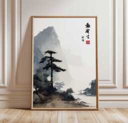 Japanese Ink Landscape Poster, Minimalist Asian House Wall Art, Zen Temple By Water Print, Misty Nature Scene, Tranquil Decor Artwork - thumbnail 1