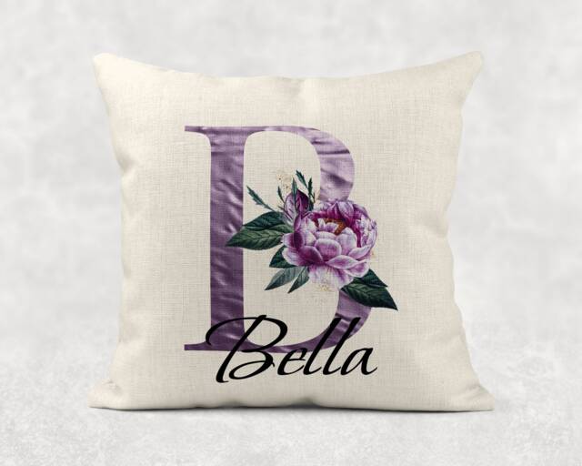 Personalised Initial & Name , Plum/Purple Floral Linen Cushion . Girls/Mum/Nan Birthday Gift - image 1