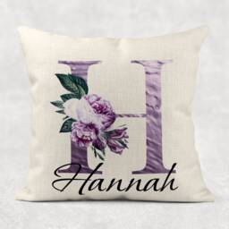 Personalised Initial & Name , Plum/Purple Floral Linen Cushion . Girls/Mum/Nan Birthday Gift - thumbnail 2