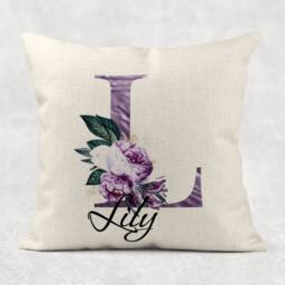 Personalised Initial & Name , Plum/Purple Floral Linen Cushion . Girls/Mum/Nan Birthday Gift - thumbnail 3
