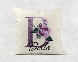 Personalised Initial & Name , Plum/Purple Floral Linen Cushion . Girls/Mum/Nan Birthday Gift - thumbnail 1
