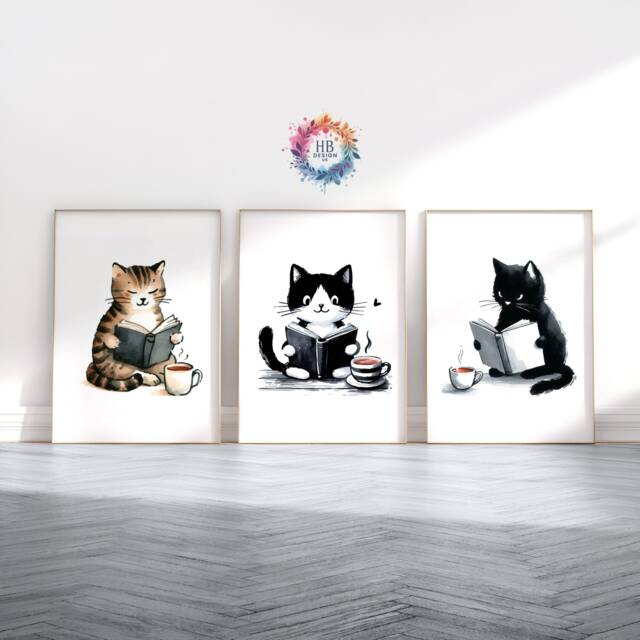 Cats Reading Print Set - Of 3 Prints - Watercolour Book Design Home Library Decor Bedroom Wall Art Books Lover Bookish Gift - image 1