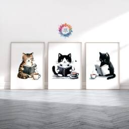 Cats Reading Print Set - Of 3 Prints - Watercolour Book Design Home Library Decor Bedroom Wall Art Books Lover Bookish Gift - thumbnail 1