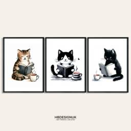 Cats Reading Print Set - Of 3 Prints - Watercolour Book Design Home Library Decor Bedroom Wall Art Books Lover Bookish Gift - thumbnail 2