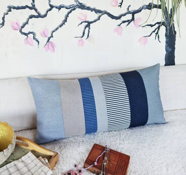 Denim & Cotton Lumbar Pillow Cover Striped Waste-Free Design - 14x28 Inch - image 1