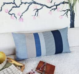 Denim & Cotton Lumbar Pillow Cover Striped Waste-Free Design - 14x28 Inch - thumbnail 1