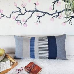 Denim & Cotton Lumbar Pillow Cover Striped Waste-Free Design - 14x28 Inch - thumbnail 2