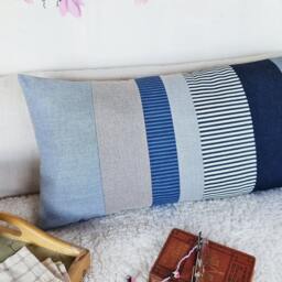 Denim & Cotton Lumbar Pillow Cover Striped Waste-Free Design - 14x28 Inch - thumbnail 4