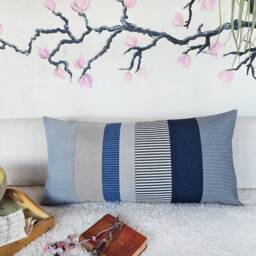 Denim & Cotton Lumbar Pillow Cover Striped Waste-Free Design - 14x28 Inch - thumbnail 3