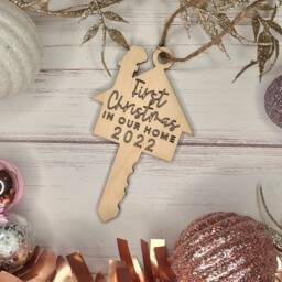 Personalised 2025 New Home Key Christmas Tree Bauble Decoration Ornament ~ Wooden Xmas Gift - thumbnail 1