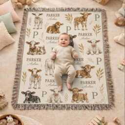 Personalized Farm Baby Woven Blanket, Custom Name Cow Nursery Decor, Boy Shower Gift - thumbnail 3