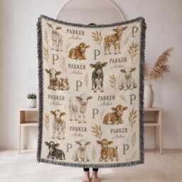 Personalized Farm Baby Woven Blanket, Custom Name Cow Nursery Decor, Boy Shower Gift - thumbnail 1